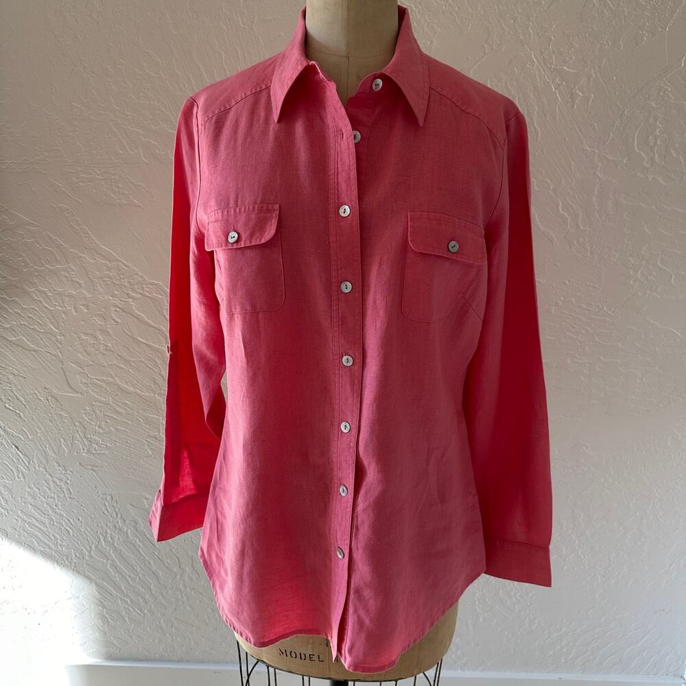 RICHARD MALCOLM | 100% Irish Linen Roll Tab Sleeve Button Shirt Women's M Pink